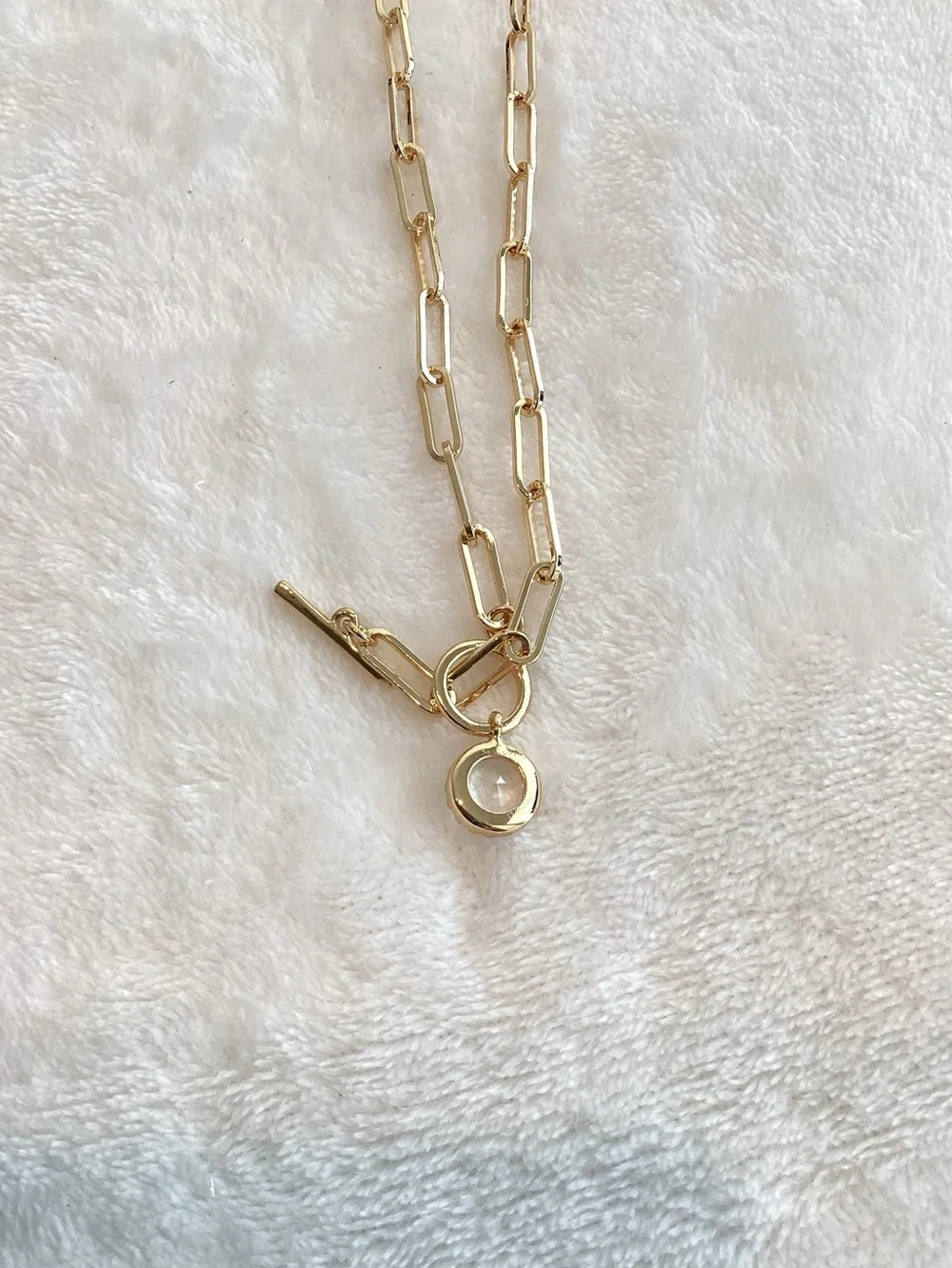 Anthropologie Gold Plated Pendant Necklace Clear Stone New 16” Link Chain